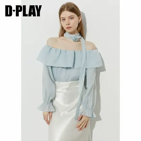 DPLAY2025年夏季新款蓝色衬衫女法式泡泡袖一字肩上衣长袖衬衣图片