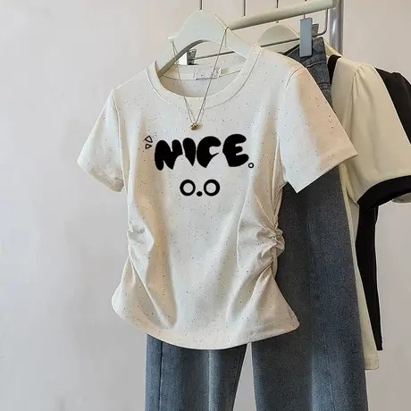 夏季彩虹波点褶皱收腰短款t恤女甜妹风新款浅杏色洋气短袖上衣服图片