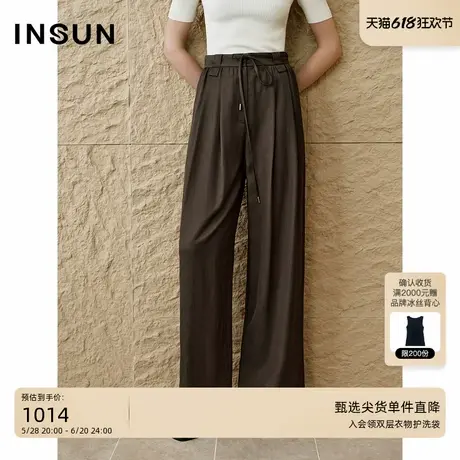 INSUN恩裳专选2025夏季高智感捏褶棉麻阔腿休闲裤商品大图