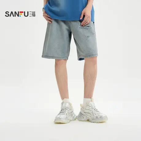 三福2025夏季男士抹脏牛仔中裤 休闲时尚宽松直腰裤子男502018图片