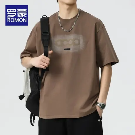 罗蒙夏季新款短袖美式复古高街T恤男vibe潮牌印花宽松半截袖上衣图片