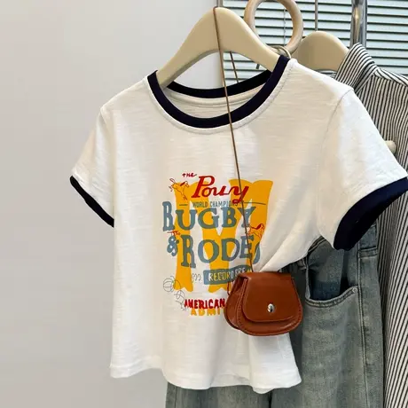 小个子短款撞色短袖T恤女夏季修身韩版内搭打底衫竹节棉半袖上衣商品大图