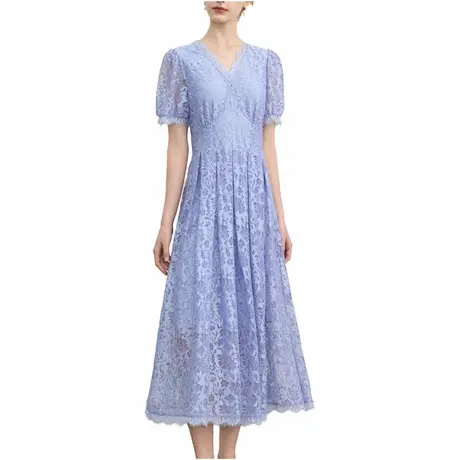 首尚格释2025夏季新品时尚紫色v领镂空花蕾丝优雅气质过膝连衣裙商品大图