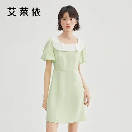 艾莱依复古泡泡袖连衣裙女2022夏季新款撞色设计修身显瘦方领裙子图片