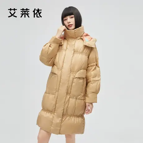 艾莱依印花羽绒服女时尚潮流大牌黑色亮面拼接设计感鸭绒保暖外套图片