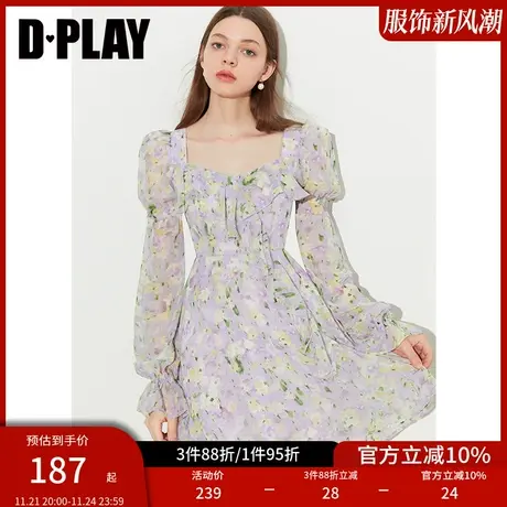 DPLAY度假紫调印象花园不对称荷叶边葫芦袖印花连衣裙商品大图