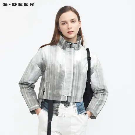 sdeer圣迪奥女装休闲立领水墨晕染字母短款外套S21182214图片