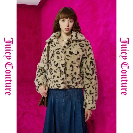 Juicy Couture橘滋春夏新款通勤绒绒豹扣豹纹毛绒女式外套图片