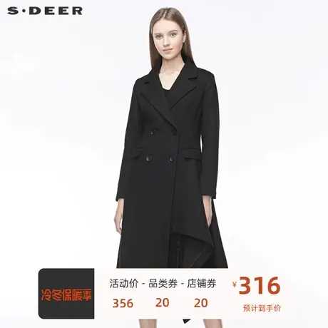 sdeer圣迪奥女装平驳领双排扣插袋不规则纯黑毛呢大衣S19481857图片