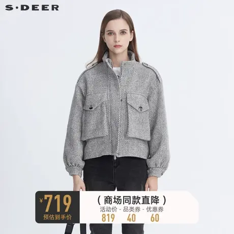 sdeer圣迪奥冬季女装时尚立领条纹落肩袖短款毛呢外套S20482211图片
