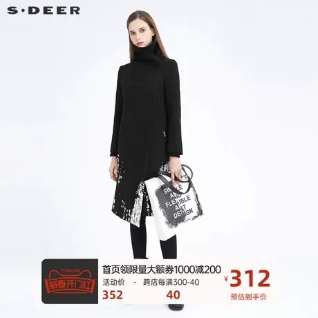 sdeer圣迪奥不规则领撞色印花斜襟毛呢大衣女外套S20481838图片