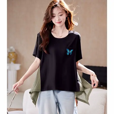 宝诗黎圆领拼接宽松短袖T恤2025夏季设计感慵懒百搭休闲女装上衣图片