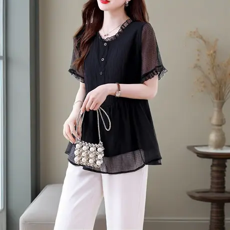 黑色雪纺衬衫女短袖夏季新款时尚气质小衫妈妈宽松遮肚子裙摆上衣图片