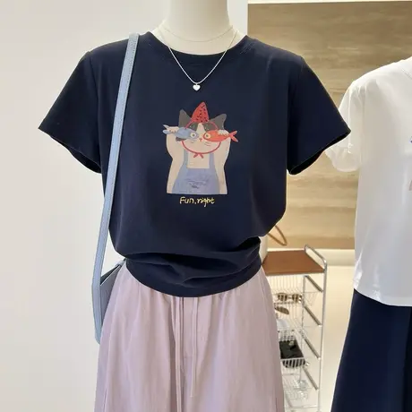 夏季新款韩系白色卡通猫咪印花修身显瘦短袖打底衫T恤女上衣内搭图片