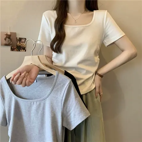 纯欲风方领正肩短袖T恤女夏季修身打底衫不规则短款褶皱上衣潮ins商品大图