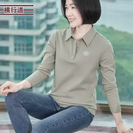 山茶花POLO衫通勤宽松休闲黑T恤上衣打底衫纯色长袖春装小衫女装图片