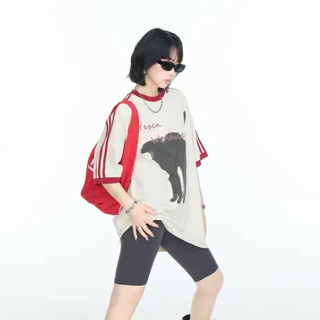 美式潮牌拼色猫咪印花短袖T恤女2025夏季新款设计感宽松情侣上衣商品大图