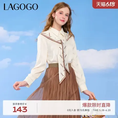 LAGOGO翻领假两件长袖衬衫女拉谷谷春秋新款系带设计感小众上衣商品大图