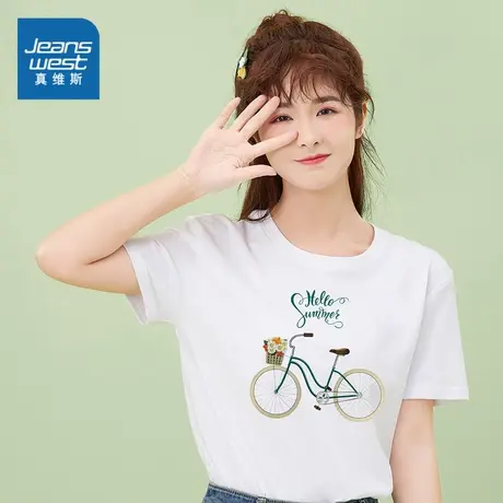 VL真维斯女装白色可爱单车印花体恤夏季女款纯棉圆领短袖正肩T恤商品大图
