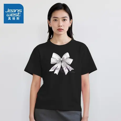 WX真维斯女装 2025夏季新款 时尚蝴蝶结印花T恤百搭圆领短袖上衣图片