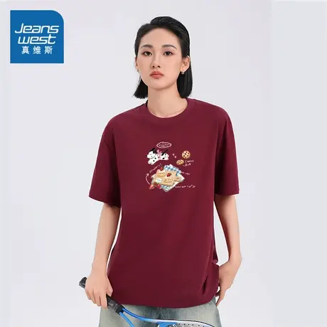 XC真维斯女装2025夏季新款时尚百搭野炊印花圆领宽松短袖纯棉T恤商品大图