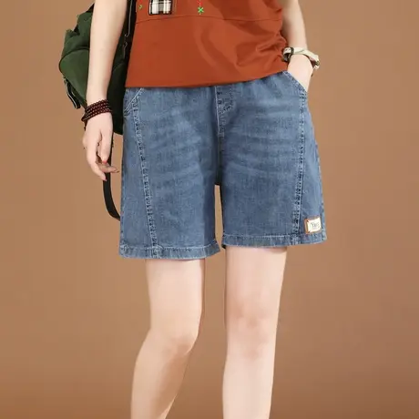 韩潮袭人松紧高腰牛仔短裤女2024夏新款宽松显瘦休闲五分直筒裤子商品大图