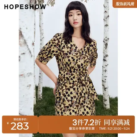 红袖outlets黄色碎花裙hopeshow2023秋季新款女装泡泡袖V领连衣裙图片