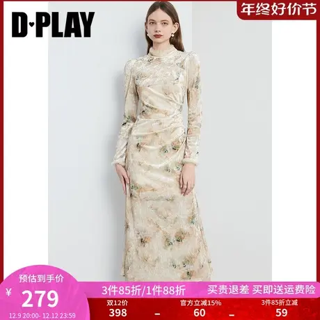 DPLAY新中式立领定制丝绒水貂毛拼接改良旗袍国风长裙连衣裙女商品大图