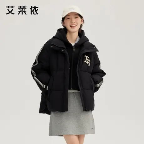 艾莱依假两件短款羽绒服美式新款运动时尚休闲连帽宽松加厚外套女商品大图