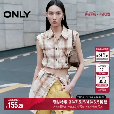 ONLY夏季气质百搭舒适透气潮流酷感格纹纯棉无袖短款衬衫女商品大图