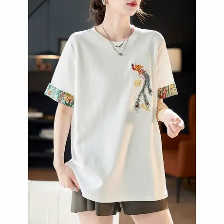 宝诗黎圆领刺绣棉质黑色短袖T恤2025夏季新款休闲国风百搭上衣女商品大图
