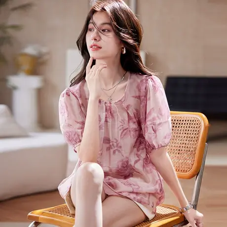 宝诗黎圆领印花短袖衬衫2025夏季时尚百搭气质减龄宽松女装衬衣图片