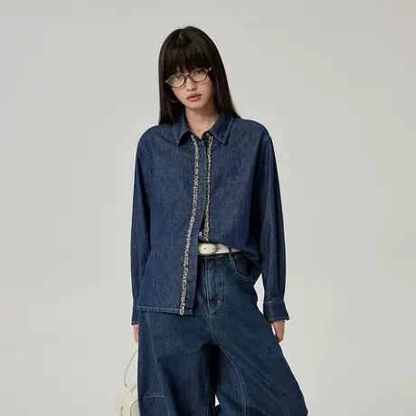 omont蛋挞家 小香风织带原色牛仔衬衫女2025春季宽松休闲长袖衬衣商品大图