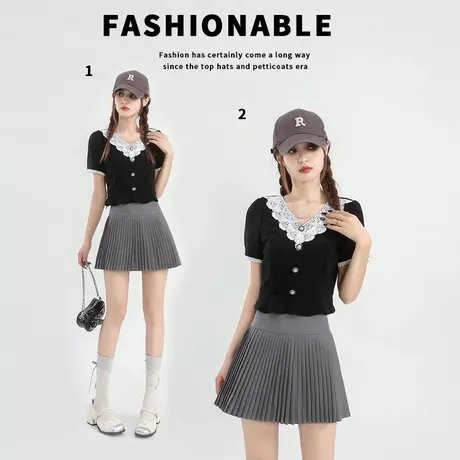 设计感蕾丝娃娃领T恤法式气质减龄显瘦短袖上衣商品大图