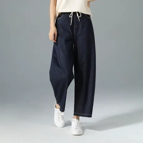 高腰牛仔裤女2025新款夏季薄款针织弹力小个子裤子宽松九分弯刀裤商品大图