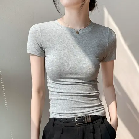 修身短袖T恤女2025夏季新款显瘦掐腰纯色简约百搭正肩灰色上衣潮商品大图