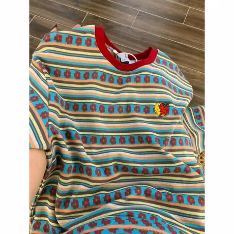 拼接撞色条纹短袖T恤女夏季宽松韩版内搭外穿打底衫正肩半袖上衣商品大图