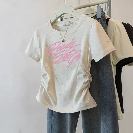 圆领洋气正肩褶皱收腰短袖t恤女2025夏季新款甜妹风彩虹波点上衣商品大图