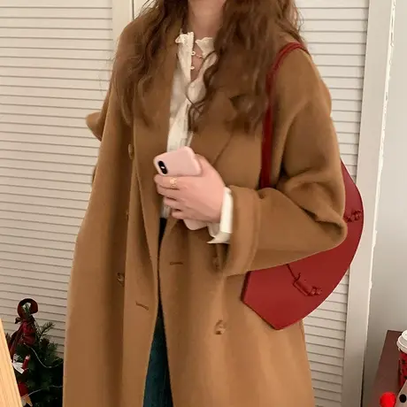 2024新款高端大码胖mm双面毛呢外套秋冬赫本风高级感零羊绒大衣女图片