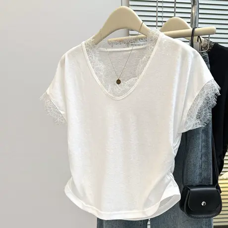 辣妹纯欲风蕾丝拼接短袖T恤女夏季韩版宽松设计感小众V领半袖上衣商品大图