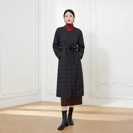 希区瑞普复古休闲菱格无领系带收腰长款轻便棉服秋冬外套女商品大图