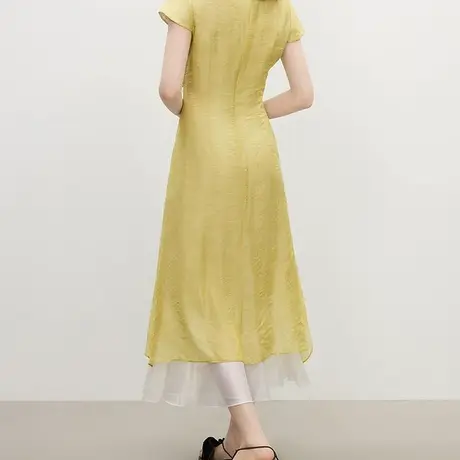 首尚格释2025夏季新品黄色新中式改良旗袍气质优雅假两件拼接裙女商品大图