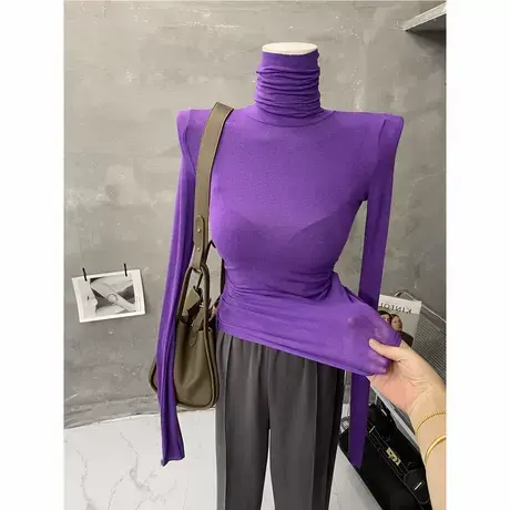 薄款微透～基础款纯色堆堆领长袖打底衫T恤女紧身内搭上衣秋冬商品大图