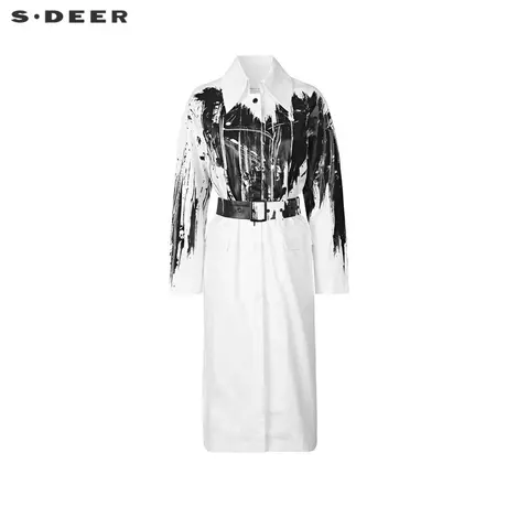 sdeer圣迪奥女装2022新款时尚翻领撞色水墨收腰长款风衣S22181804图片