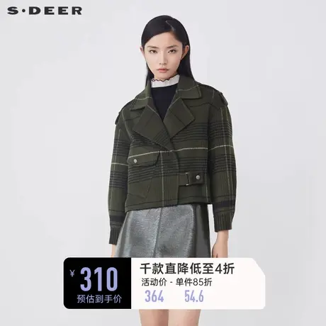 sdeer圣迪奥冬装翻领撞色格纹口袋毛呢短款外套S21462207图片