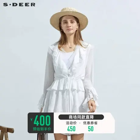 sdeer圣迪奥女装V领荷叶边收腰网纱雪纺上衣S23282203图片