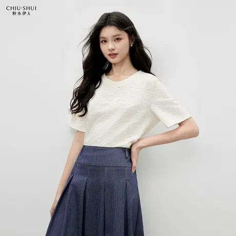 秋水伊人简约圆领提花T恤2025年夏季新款通勤百搭风针织正肩上衣商品大图