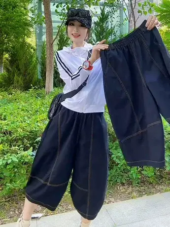 2025夏季新款小众百搭简约文艺风明线拼接半松紧腰休闲七分裤潮款商品大图