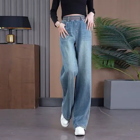 蓝色窄版软牛仔直筒裤女松紧腰小个子烫钻阔腿裤高腰显瘦春秋长裤商品大图