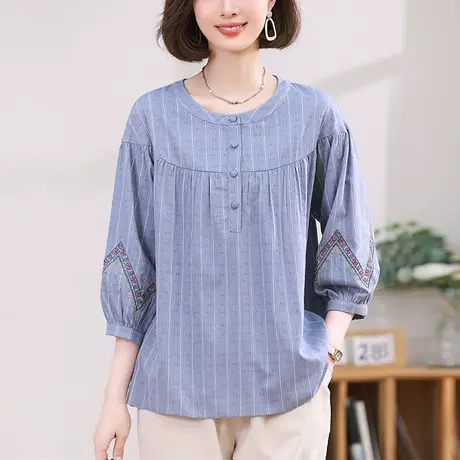 七分袖t恤女夏季新款大码女装宽松中年妈妈文艺刺绣百搭中袖体恤图片